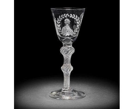 A rare engraved Jacobite portrait airtwist wine glass, circa 1750The round funnel bowl with a portrait bust of Prince Charles