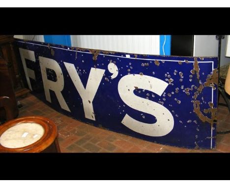 A Fry's blue and white enamel sign - 300cm x 82cm - badly damaged 