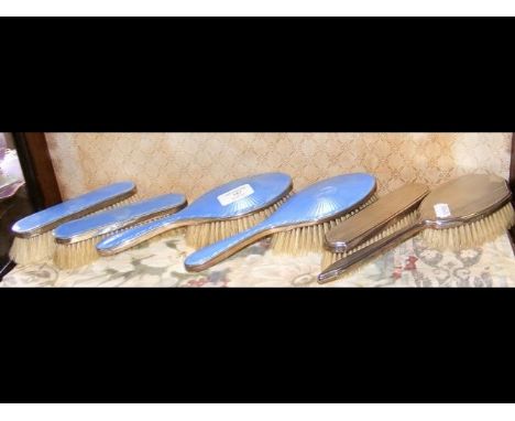 Silver and enamel back dressing table set, etc. 