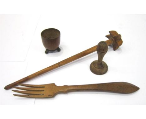 [TREEN]. A 19TH CENTURY CHOCOLATE MILL OR WHISK 28cm long; together with a table fork, 24.5cm long; a butter or pastry mould,