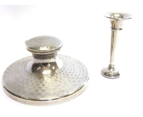 A SILVER LOADED INKWELL OF LARGE SIZE Birmingham 1915, of capstan shape, engine turned decoration, 15.3cm diameter; with a sm