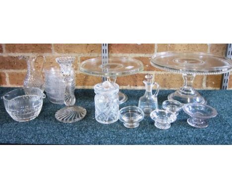 ASSORTED LATE 19TH CENTURY & EARLY 20TH CENTURY CUT AND MOULDED GLASSWARE comprising a candlestick, seven dishes, two cruet b