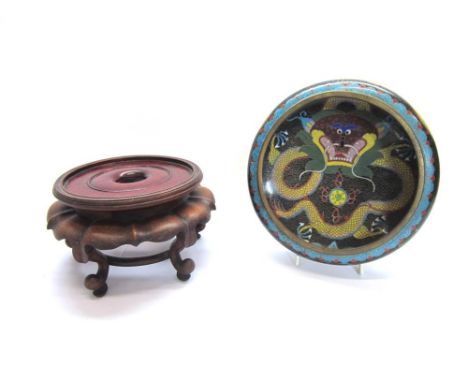 A CHINESE CLOISONNE ENAMEL BOWL with a four character mark to base, probably 19th century, the interior with a dragon chasing