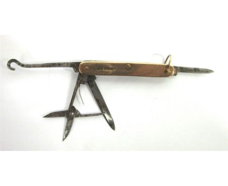 A LATE VICTORIAN MULTIPURPOSE PENKNIFE clad in 9ct gold, makers mark W.E.W., Birmingham 1896, comprising two knife blades, a 