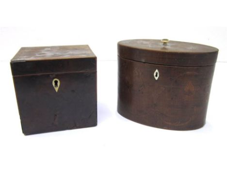 A GEORGIAN MAHOGANY SMALL RECTANGULAR TEA CADDY  (A/F); and an oval caddy with stylised decoration (2)