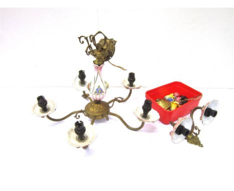 A GILT FIVE-BRANCH HANGING CENTRE LIGHT FITMENT with porcelain floral encrusted stem and similarly decorated drip trays and a