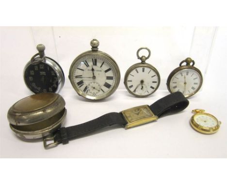 A LARGE CONTINENTAL SIVER COLOURED POCKETWATCH, 'Patent Lever' to the dial; with a similar smaller pocket watch; two metal po