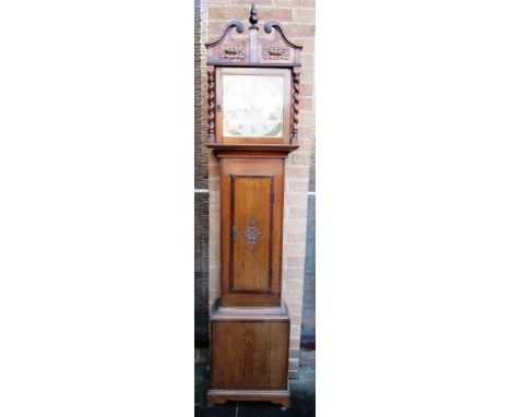 A COUNTRY LONGCASE CLOCK the painted enamel dial with Roman numerals, seconds dial and date aperture, the canopy with broken 