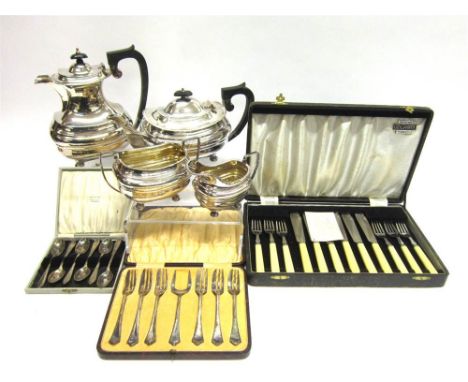 A FOUR PIECE PLATED TEA SERVICE of rounded rectangular form in the Georgian style; with a cased fish knife and fork set; a ca