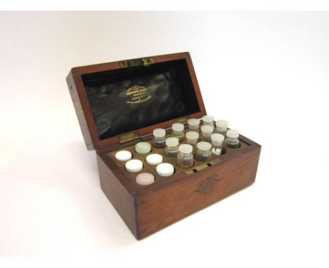 A LATE 19TH CENTURY MAHOGANY CHEMIST'S SAMPLE BOX the padded lid interior gilt stamped 'John C. Pottage / Homoeopathic Chemis