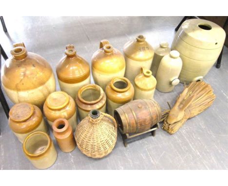 ASSORTED STONEWARE STORAGE JARS & BOTTLES together with a small quantity of other items, including a thatcher's ridge finial 
