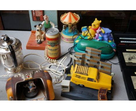 Westco 1995 Wallace &amp; Gromit limited edition alarm clock together with vintage Budwiser telephone, Winnie the Pooh teleph