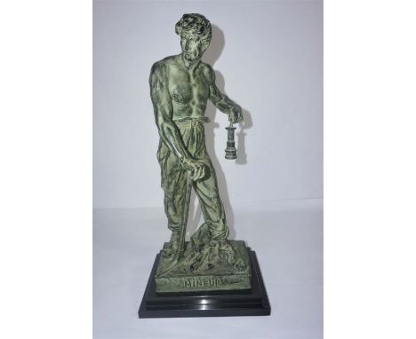 After Emile Louis Picault, French (1833-1915), 'Mineur', a standing miner with pick and lamp, bronzed alloy with green patina