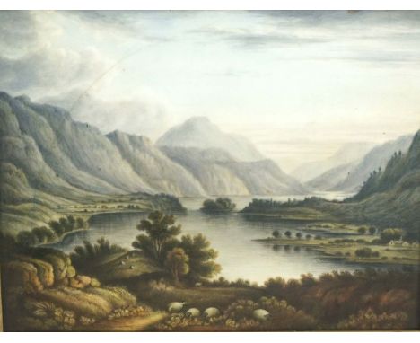 A 18th/19th century porcelain tile, decorated with a pastoral scene, in the manner of John Varley, 17cm by 21cm