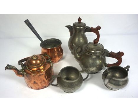 A group of assorted pewter, including a four piece tea service, five assorted measured tankards and a group of horse brasses 