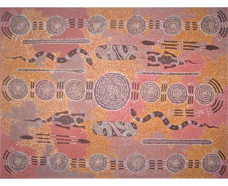 Wenton Rubuntja, Australian (1926-2005), Snake Initiation, acrylic on canvas, circa 1987, 93cm x 122cm. Wenton Rubuntja was a