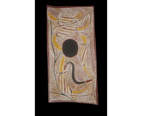 Binyinyuwuy Djarrankuykuy, Australian (1928-1985), "Djalambu', A Watering Hole, with Water Goanna and File Snakes, Aboriginal