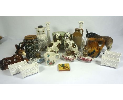 Assorted ceramics, including a Doulton stoneware jug, decorated with multiple flower heads, circa 1876; also a Continental po