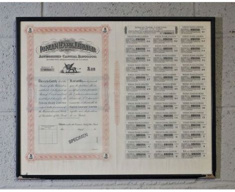 Ionian Bank Share Cetrificate, Specimen, framed; together with a small collection of old mining share certificates, Ivanhoe G