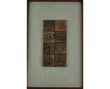 Ron Hitchins (British b.1926) ceramic panel No. 16, comprising 8 geometric ceramic tablets, 19 x 9.5cm