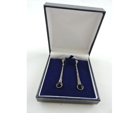 A pair of Art Deco style white metal onyx, cubic zirconia, and marcsite ear pendants, stamped 925, 7g. 