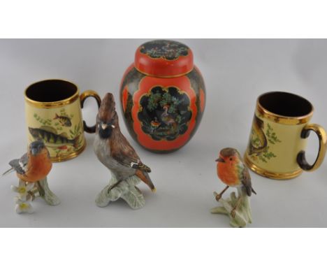 An early 20th Century Carltonware Asiatic bird ginger jar and cover, 3 Goebel porcelain birds and two Gibsons pottery tankard