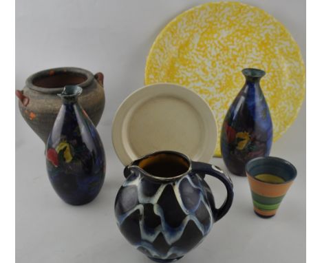 An Etruscan style glazed pottery jar, a late Clarice cliff plate, spongeware dish and sundry ceramics