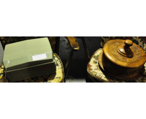 A Polish carved softwood cheese dish and cover together with a 1970s Philips reel to reel tape recorder 