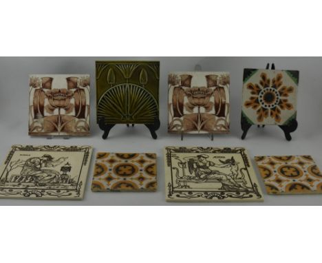 A Late Victorian Art Nouveau Faience pottery tile together with a pair of Art Nouveau tiles and five others