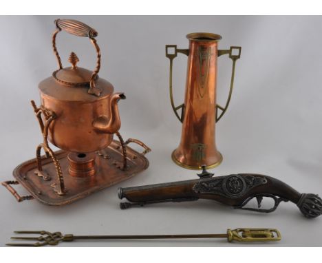 An Art Nouveau copper vase, H: 28cm, together with a Victorian copper spirit kettle, a silver handled button hook, reproducti