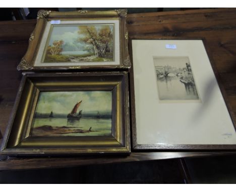 Edmund Gibson, The River, York, signed engraving, together with an early 20th century oil seascape and a modern oil