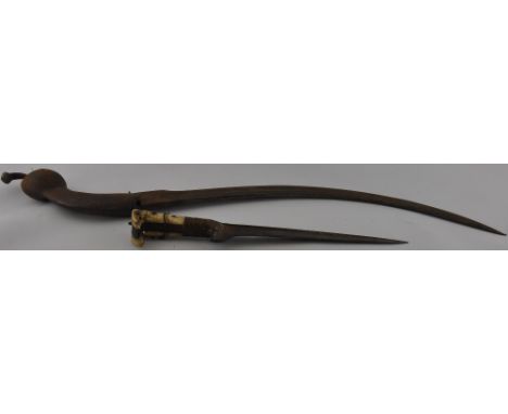 A 19th Century Indian small sword with 46cm curved blade together with an Indian bone handled dagger