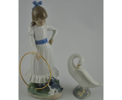 A Nao figure of a young girl holding a hoop with a dog at her feet, H. 24cm, together with a Lladro model of a goose, (2)