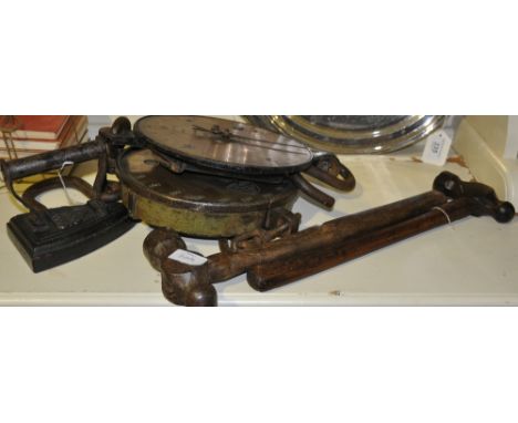 Two sets of salter brass cast iron hanging scales together with a Victorian flat iron and two vintage hammers