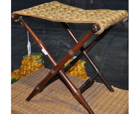 A 19th century turned X-frame folding stool, with a needlework seat,  H. 45cm, together with mahogany box commode