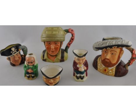A Royal Worcester character jug, 'Henry VIII', H. 16cm, together with another 'Hero Comes Home' and four further jugs, (6)