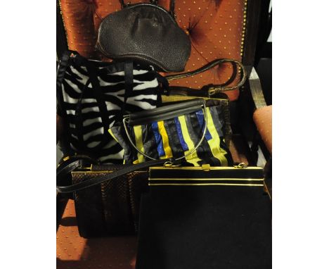 A selection of vintage handbags, including a genuine leather and snakeskin, Maclaren of Norwich handbag and a 1920's box brow