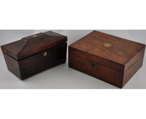 a Victorian rosewood sarcophagus tea caddy together with a Victorian rectangular walnut writing slope