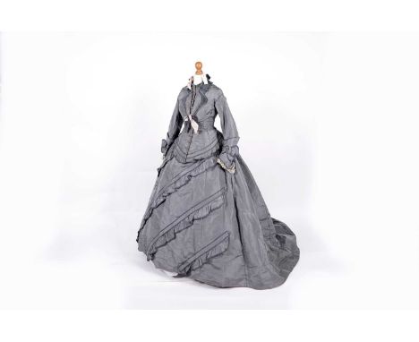 An 1876 silk taffeta wedding dress, of lilac grey, worn by Jane McGilvray (b. January 9th 1847, née Ramsey), comprising: butt