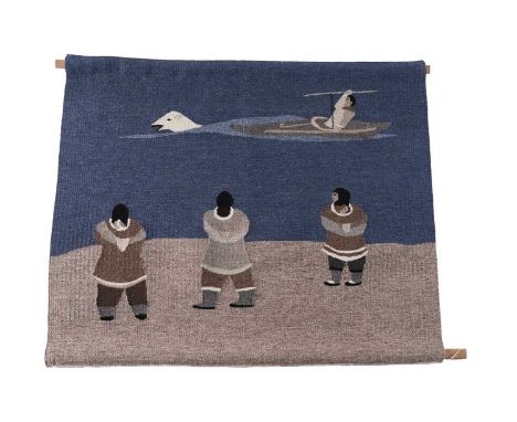 A 20th Century Canadian Inuit Pangnirtung tapestry wall hanging designed by Annie Kilabuk, #305 "Three Wives", 2/10, woven in