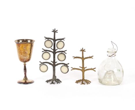 A vintage glass fly trap, initialled JP; two vintage soldering irons by Jussigh, Paris; two photo trees and a plated goblet