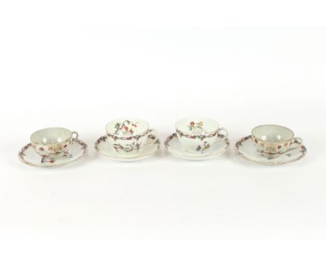 Four B &amp; Co. French porcelain tea cups and saucers, having oriental style decoration