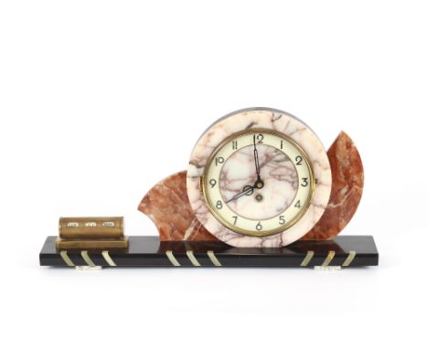 A marble Art Deco design mantel clock, fitted with a brass date calendar, 48cm long