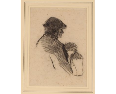 Sir George Clausen RA RWS 1852 - 1944, "Man With Lantern", chalk drawing 12.5cm x 18cm, gallery label verso 