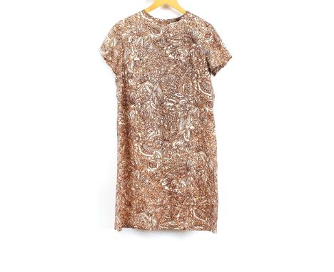 A 1960's vintage designer summer shift dress, in cream and brown print