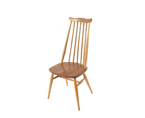 Four light Ercol stick back dining chairs, with shaped cresting rails raised on rounded tapering supports united by H stretch