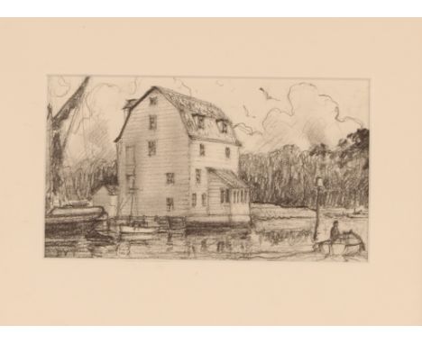 David Thomas, pencil sketch of the Tide Mill, Woodbridge, initialled DVT, 10cm x 17cm; another view of Woodbridge and one oth