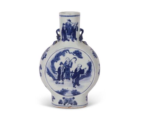 A large 18th Century Chinese porcelain moon flask, the centre decorated with Chinese figures, six character Kangxi mark to ba