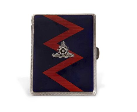 An Art Deco silver and enamel cigarette case of rectangular form, the front decorated in blue enamel with a red enamel zigzag