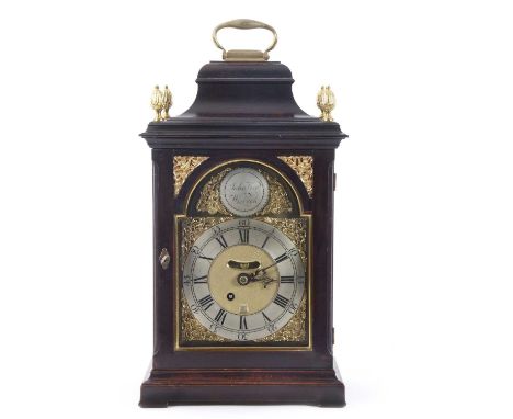 John Vise, Wisbech, a Regency bracket clock set with an arched silvered and brass dial with pierced spoundrels, Roman and Ara